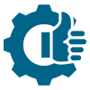 Gear and thumbs-up icon in blue.