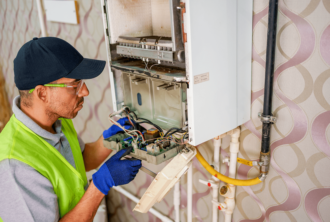 Technician repairing a wall-mounted boiler.
