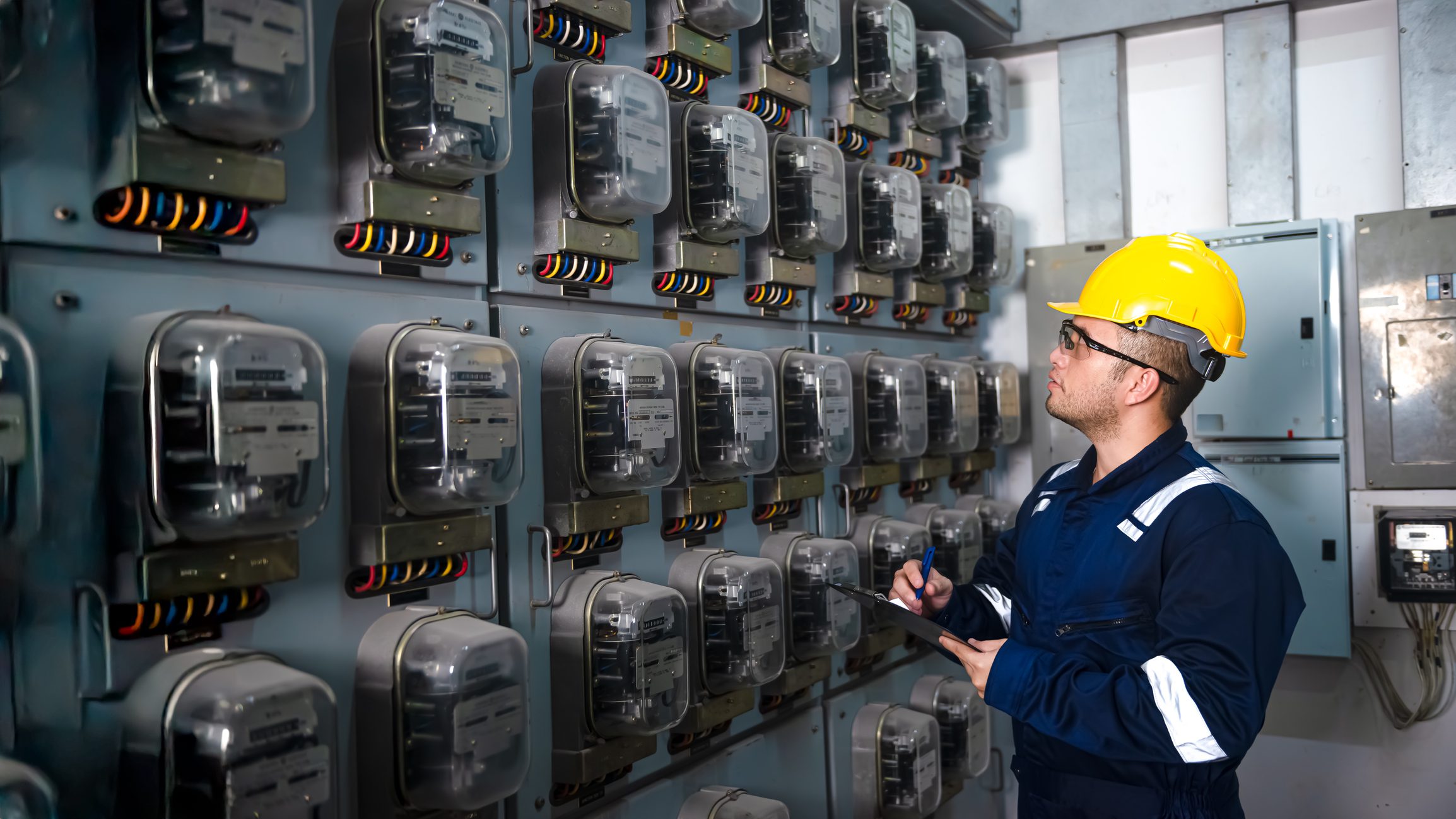 Engineer inspecting electrical meters in control room.
